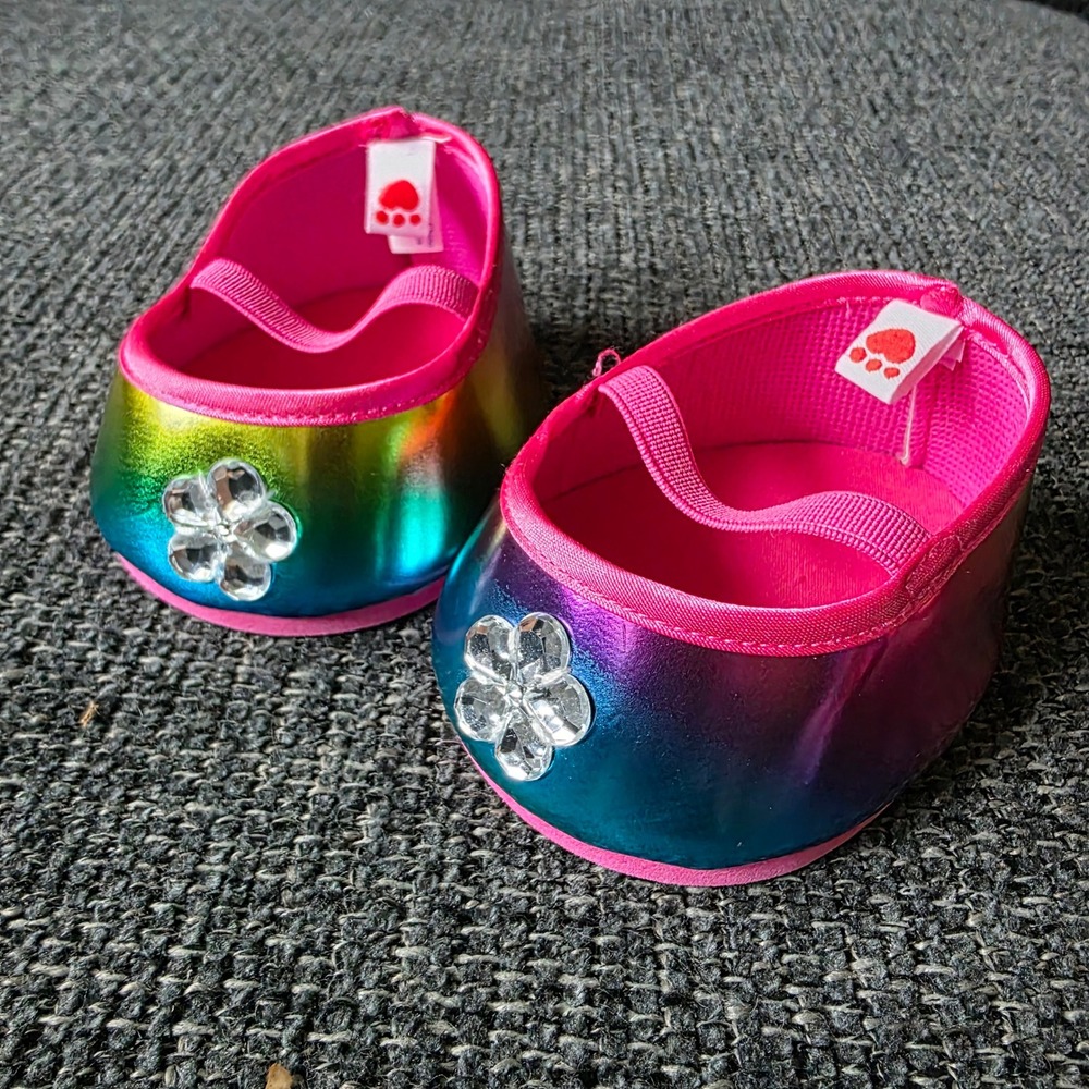 Build-A-Bear Rainbow Metallic Mary Jane Shoes Rhinestone Flower Plush Accessory